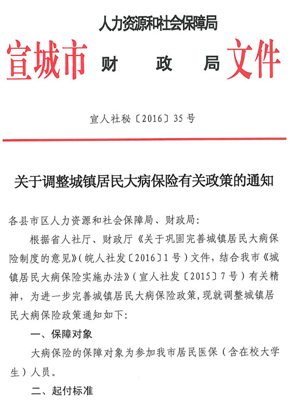 安徽省宣城市关于调整城镇居民大病保险有关政策的通知