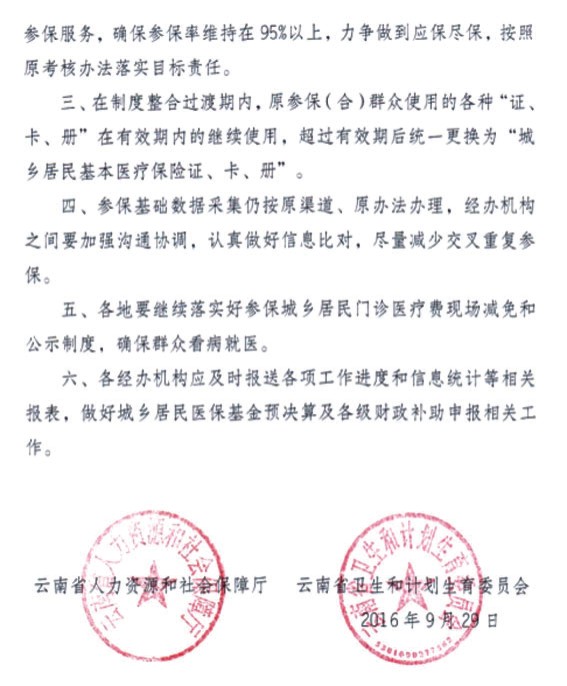 云南省关于做好城乡居民基本医疗保险制度整合过渡期参保缴费工作的通知