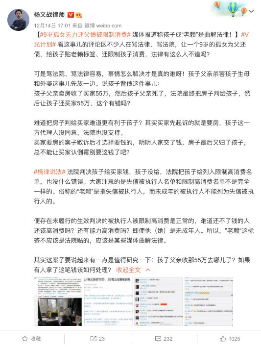 男子杀妻留下55万债务，9岁女童无力还父债成“老赖”