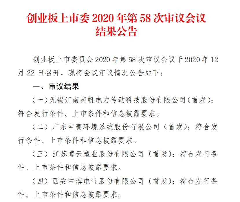江南奕帆、江苏博云、申菱环境、中熔电气通过创业板第58次审议会议