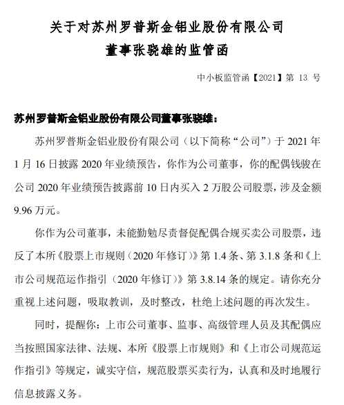 ST罗普董事张骁雄被出具监管函：其妻钱骏业绩预告前买入公司股票
