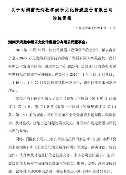 *ST天润四次延期回复问询函 被深交所出具监管函