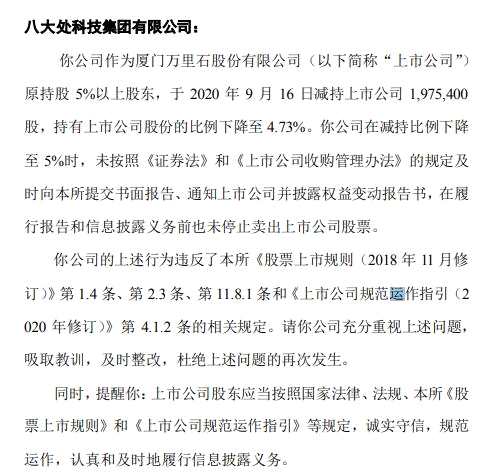 万里石股东八大处科技集团被出具监管函 减持违规