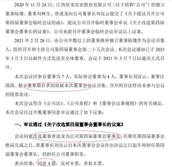 世龙实业陷人事斗争：3名董事缺席投票董事长刘宜云被换 第二大股东先跑为敬