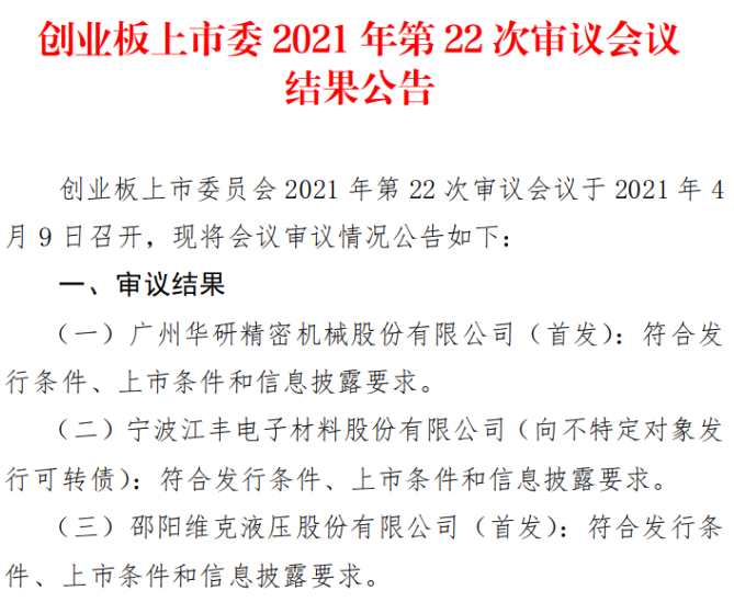 华研精机、维克液压2家首发企业创业板过会