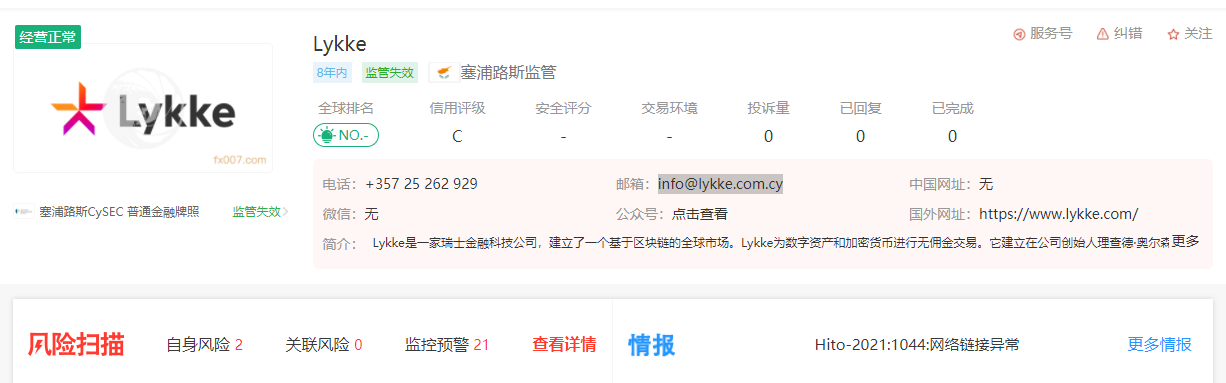Lykke外汇平台是由哪个机构监管的？