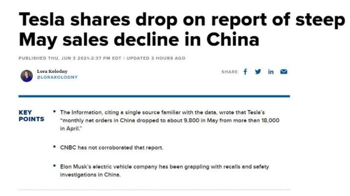 特斯拉中国市场5月份订单减半，对特斯拉股价有什么影响，中国市场对特斯拉意味着什么