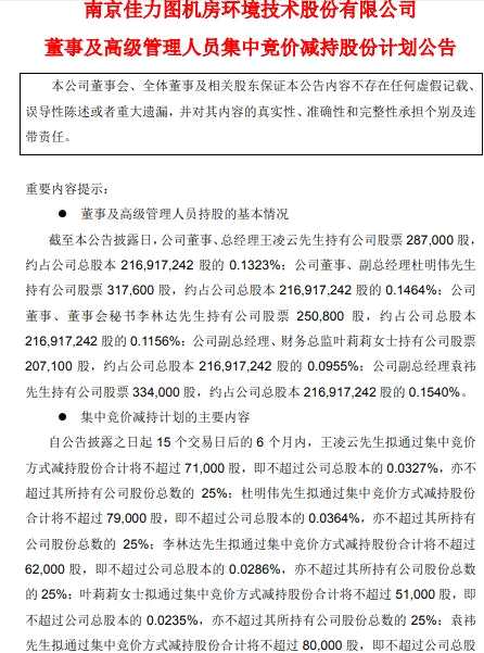 股价走势不理想上次套现未能如愿 佳力图总经理王凌云等5名高管再度宣布减持