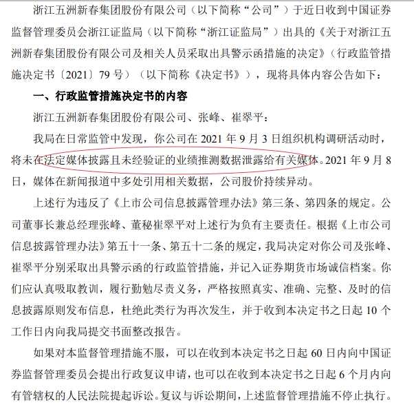 五洲新春向机构投资者提前透露业绩 总经理张峰董秘崔翠平被处罚