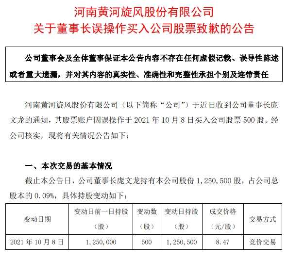 黄河旋风或涉嫌信披违规：董事长庞文龙窗口期买公司股票一个月后才披露
